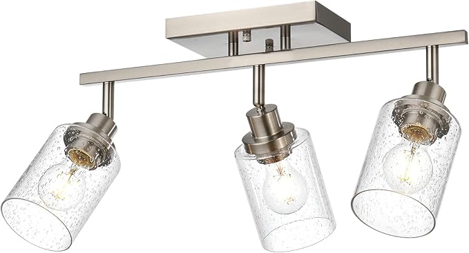 3-Light Rotatable Track Lighting Kit, Brushed Nickel Semi Flush Mount Ceiling Light Vanity Lighting Fixtures Spotlight, Seeded Glass Shades