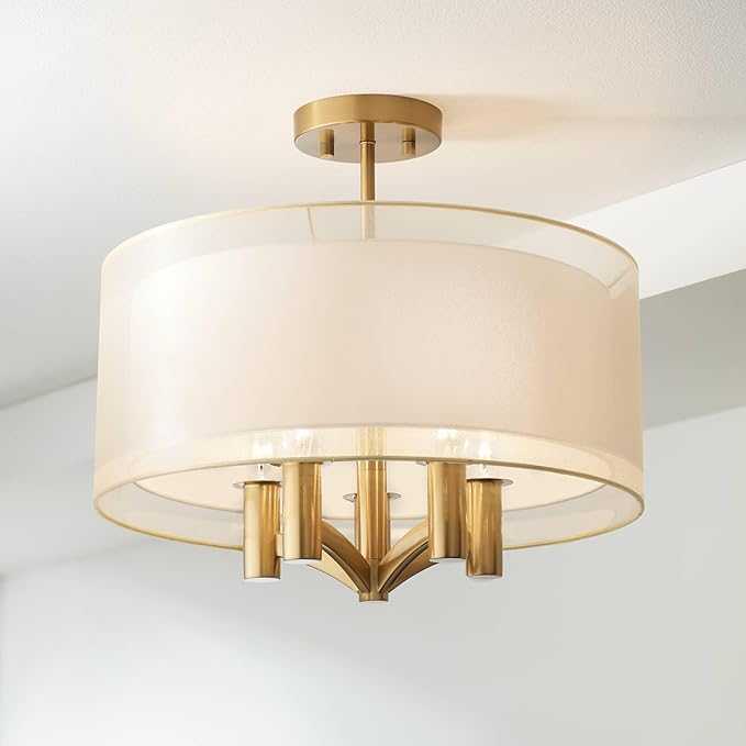 Possini Euro Design Caliari Modern Close to Ceiling Light Semi Flush Mount Fixture 18" Wide 5-Light Warm Brass Gold Double Drum Shades for Bedroom Hallway Living Room Dining Room Bathroom Kitchen