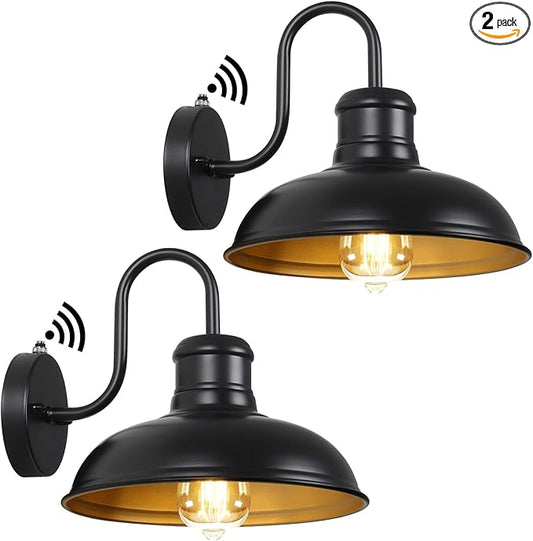 TOBUSA 2-Pack Dusk to Dawn Outdoor Wall Lights, 10’’ Waterproof Farmhouse Gooseneck Outdoor Barn Light, Anti-Rust Vintage Black&Gold Outside Wall Sconce Lights for House Porch Garage