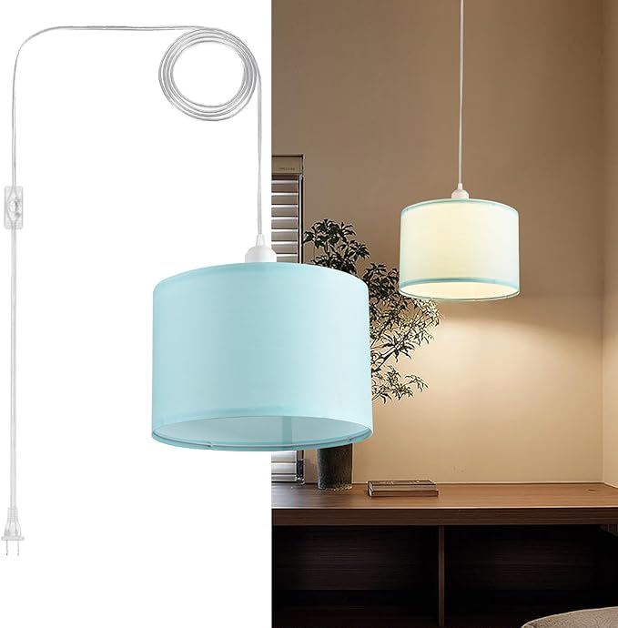 2 Pack Plug in Pendant Light, Hanging Light with 15Ft Clear Cord, On/Off Switch, Blue Fabric Lamp Shade, Hanging Light Fixture for Bedroom, Kitchen, Living Room, Dining Table