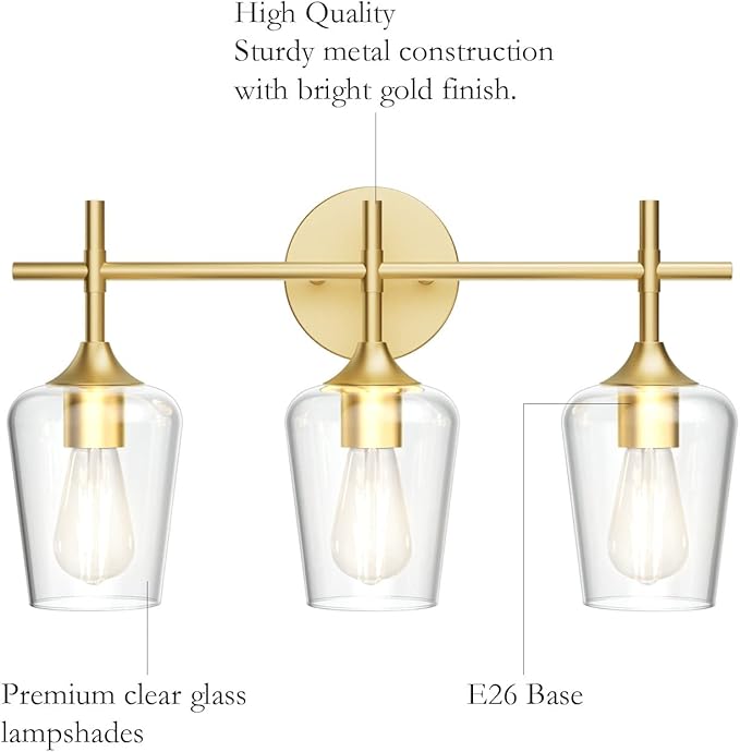 Ralbay Gold Bathroom Vanity Light 3-Lights Vintage Gold Vanity Lights Wall Lighting Clear Glass Gold Bathroom Light Fixtures Over Mirror