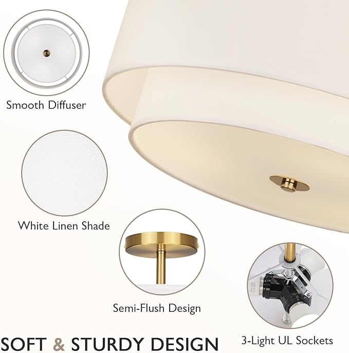 16" Dual Drum Gold 3-Light Semi Flush Mount Ceiling Light, Classic White Fabric Linen Shade Design for Living Room, Bedroom, Kitchen, Dining Room, Hallway and Entryway