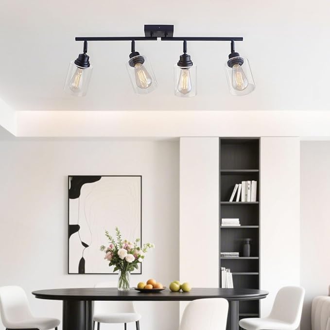 Modern 4-Light Track Lighting Fixtures Ceiling with Clear Glass Shades, E26 Base Kitchen Ceiling Light Fixture for Living Room, Bedroom & Bathroom