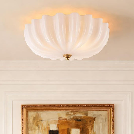 Gold Flush Mount Ceiling Light, 3-Light Hallway Light Fixtures, 15.7'' Vintage Brushed Brass Glass Ceiling Lights with Milky Glass Flower Shade for Entryway Dining Living Room Foyer