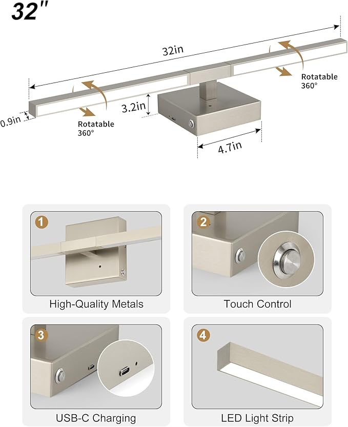 Rayogale 32 Inch Rechargeable Battery Operated Wall Sconce Set of Two, Cordless 3000K/4500K/6000K Dimmable Timer, Remote Touch Control USB-C Charging 360° Rotation for Living Room Sand Nickel