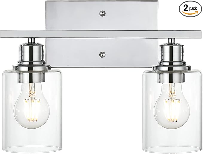VINLUZ Bathroom Light Fixtures in Chrome Finish,2 Light Industrial Indoor Wall Sconce with Clear Glass Shade Metal Vanity Lighting Over Mirror Bulb Not Included