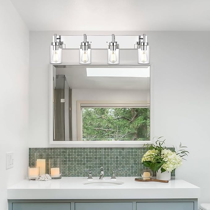 VINLUZ Modern Bathroom Lighting with Clear Glass Shade 4-Light Vanity Light Fixtures Chrome Finished Industrial Wall Light Sconces for Bedroom Hallway (Patent No.: US D958,438 S)