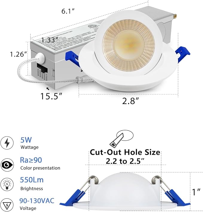 Adetu 2 Inch 5CCT Gimbal Led Recessed Lighting with Junction Box, 360°+90° Adjustable Eyeball Canless Light, 2700K/3000K/3500K/4000K/5000K Selectable, 5W Eqv 50W, 550LM Brightness - ETL(White, 4 Pack)