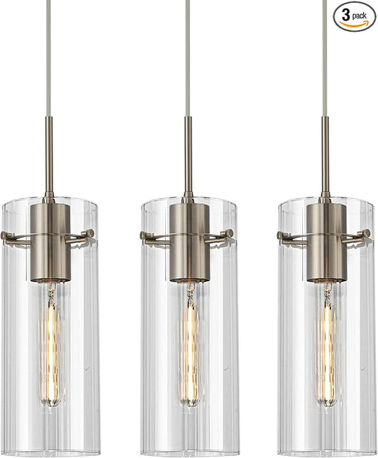 Glass Brushed Nickel Pendant Light, 3 Pack Modern Kitchen Island Pendant Lighting with Ribbed Glass, Adjustable Cord Pendant Light for Over Island, Dining Room, Bathroom, Bedroom