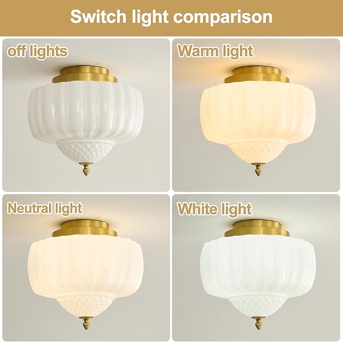 14 inch Vintage Semi Flush Mount Ceiling Light Gold Schoolhouse Ceiling Light Fixture Mid Century Milk Glass Ceiling Lamp for Kitchen Restaurant Bedroom and Hallway(White)