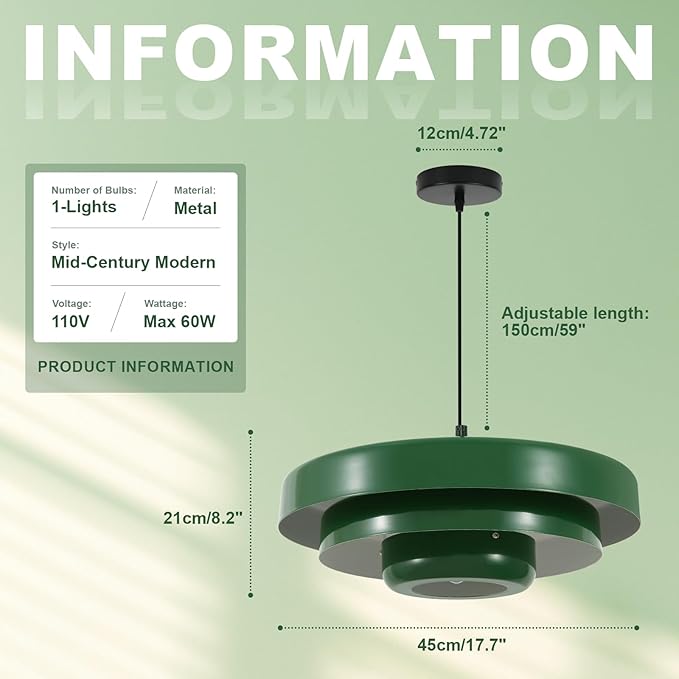 Vintage Industrial Green Pendant Light, 17.7" Large Adjustable 59" Cord Hanging Ceiling Light Fixture Mid Century Modern Chandelier for Garage Workshop