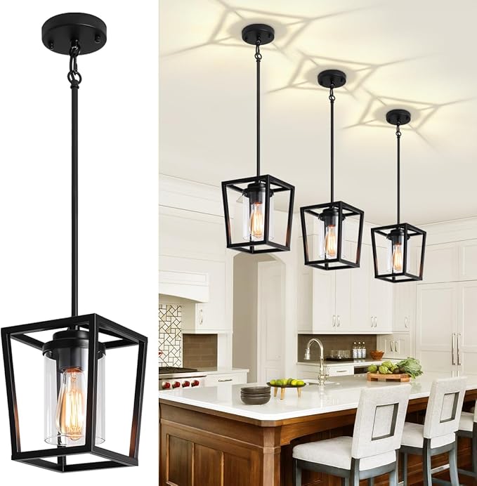 Pendant Lights Kitchen Island 3 Pack, Farmhouse Pendant Lighting for Island, Hallway Hanging Lights Modern Kitchen Light Fixtures Ceiling, Black Chandelier for Dining Room