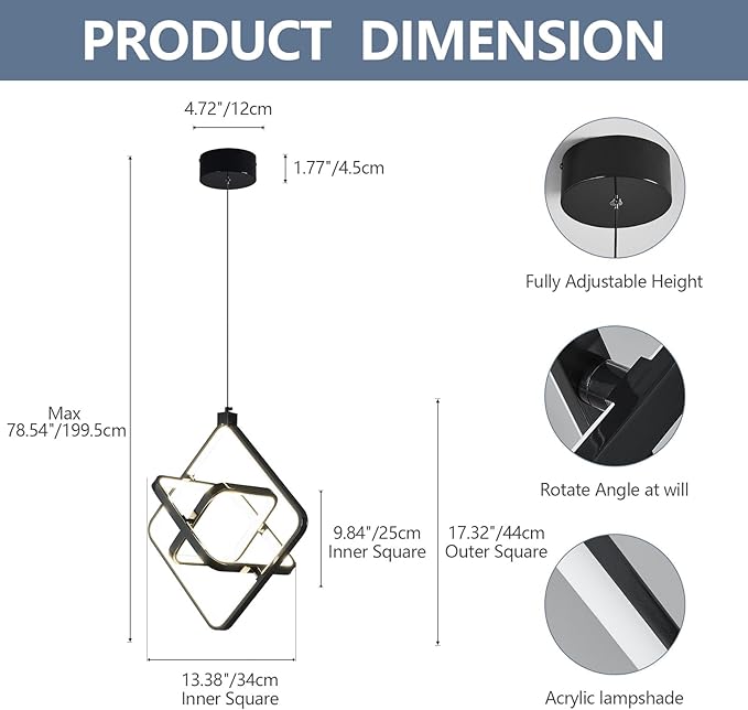 Modern LED Pendant Lights Plated Black Rectangular Pendant Light Fixtures 4000K 35W Dimmable Pendant Lighting for Dining Room Kitchen Island Bedroom Living Room Foyer（3-Ring）