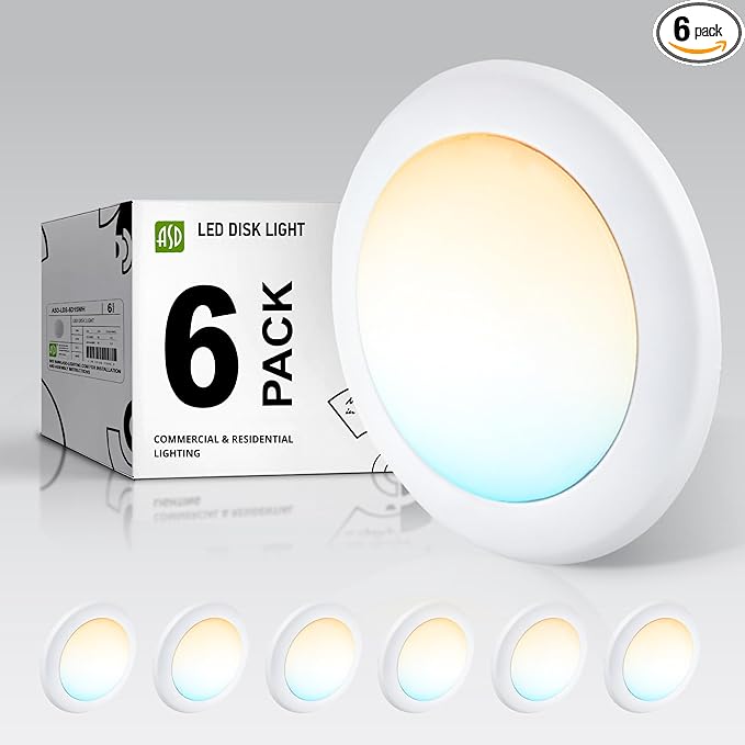 ASD 6 Pack LED Disk Lights 6 Inch, 15W 5CCT 2700K-5000K 1245LM CRI90+, Dimmable Flush Mount Ceiling Light Fixture, Low Profile Surface Mount Disc Lights, Junction Box or Recessed Can Install, UL