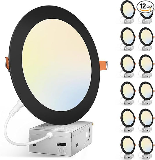 Amico 12 Pack 7 Inch 5CCT Ultra-Thin LED Canless Recessed Ceiling Light with Junction Box, 2700K/3000K/3500K/4000K/5000K Selectable, 15W=100W, 1300LM Brightness, Dimmable Wafer Downlight,ETL&FCC,Black