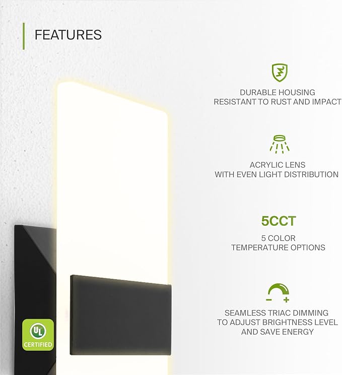 ASD 12 Inch Indoor LED Wall Sconce - 12W 2700K-5000K Dimmable Black Wall Sconce Lights for Living Room, Bedroom, Bathroom, Hallway - Modern Wall Sconces Hardwired, UL Interior Light, Set of 2