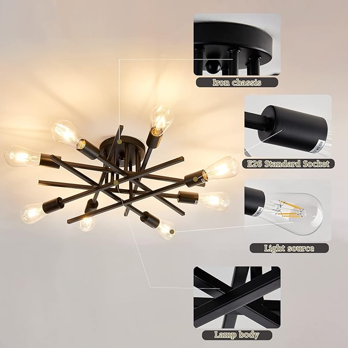 ASGYISA 8-Lights Semi Flush Mount Ceiling Light Fixture，Modern Black Vintage Metal Sputnik Chandelier， Ceiling Lamp for Bedroom Kitchen Dining Room Living Room with E26 Bulb Base