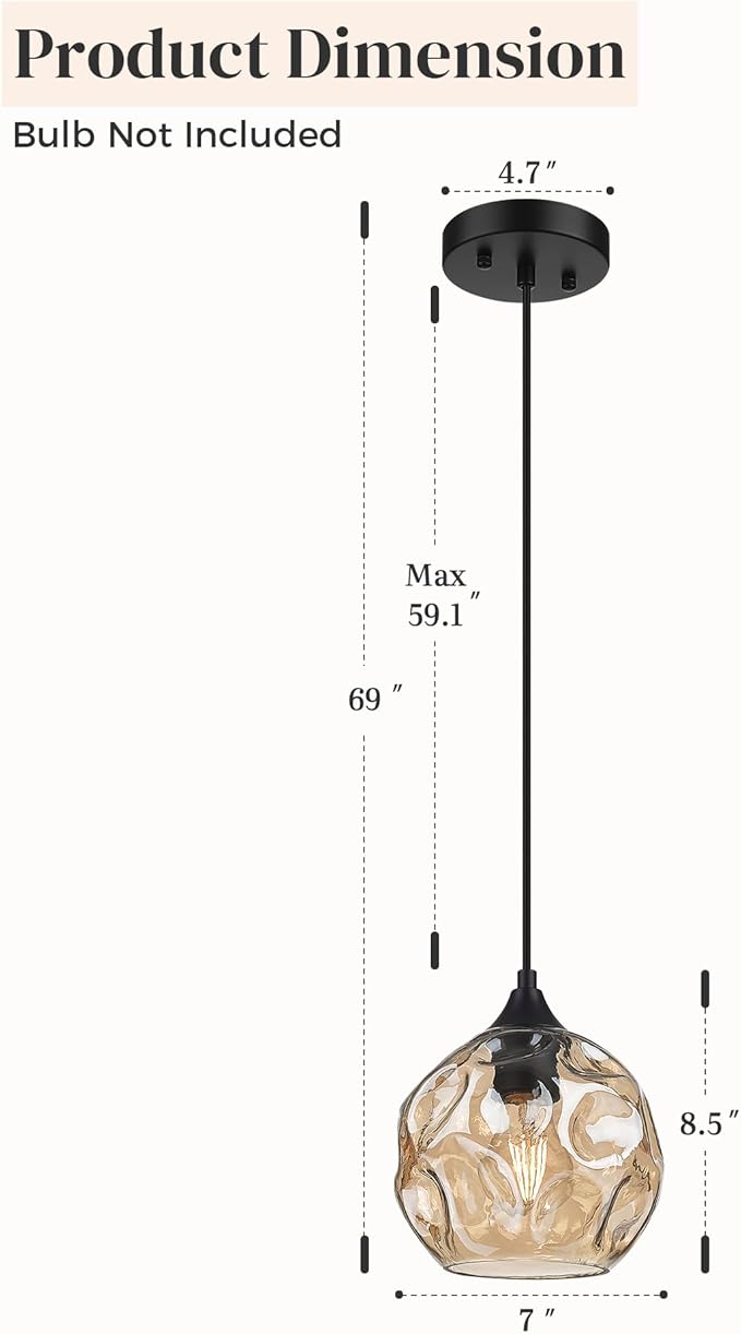 Emliviar 7 Inch Adjustable Mini Chandelier, Round Ceiling Pendant Lighting Fixture with Hammered Glass, Amber Finish, DYE287G2-MIL BK