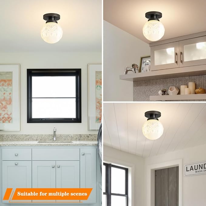 Daunton Semi Flush Mount Ceiling Light, Modern Globe Milk Glass Ceiling Light Fixture, Vintage Small Black Hallway Light Fixtures for Kitchen, Entryway, Bathroom, Closet
