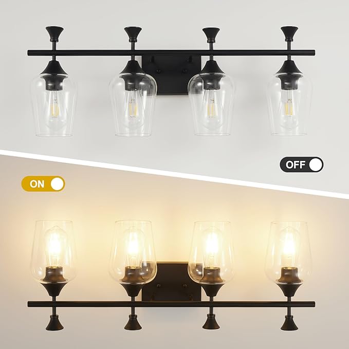 Bathroom Light Fixtures (4-Light, 29 Inch), Matte Black Vanity Lights for Bathroom with Clear Wine Glass Glass Shade, Modern Vanity Wall Lights for Mirror Bedroom Living Room Kitchen Hallway Porch