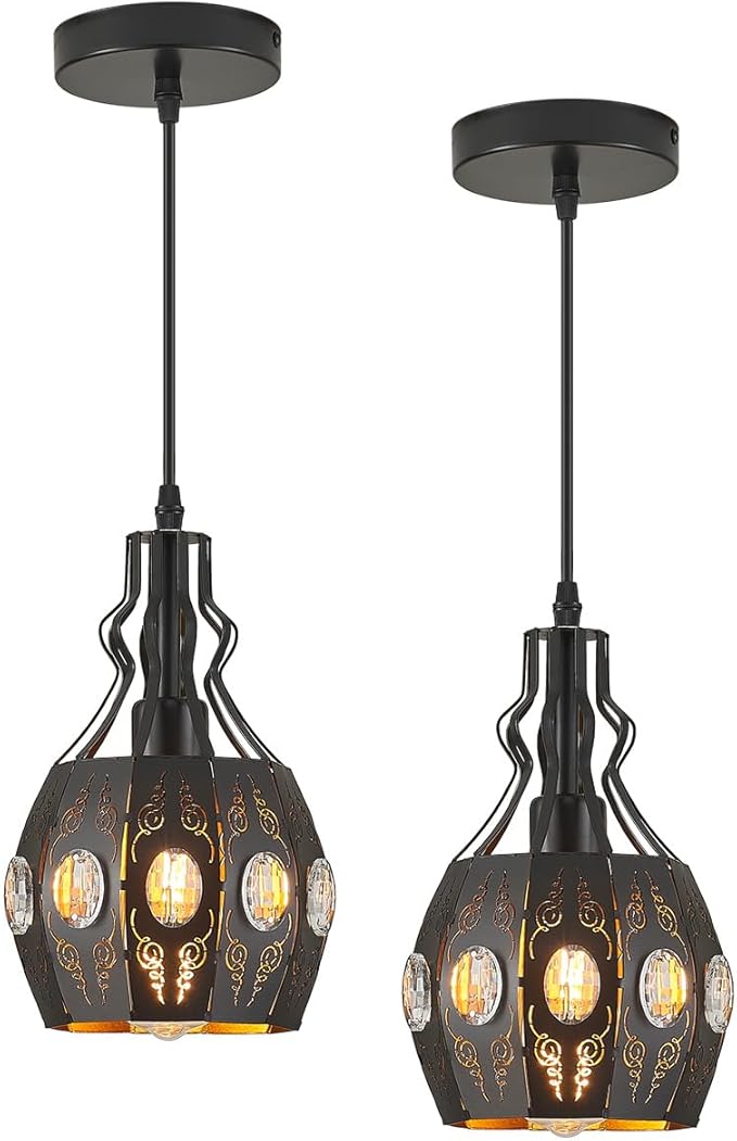 YLONG-ZS Black Lantern Pendant Lights Bedroom Restaurant 2 PK, Farmhouse Kitchen Island Pendant Ceiling Light with 6.07 Ft Wire, Hanging Pendant Lighting for Restaurant Bedroom Dining Room Living Room