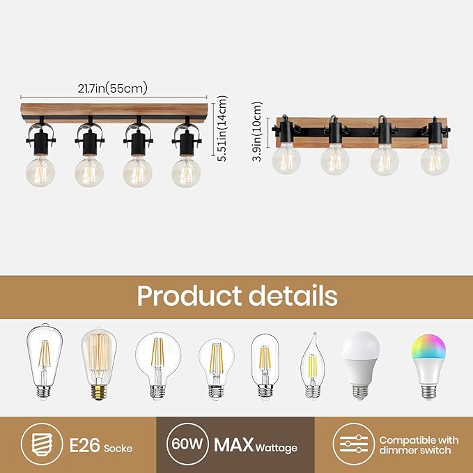 SEEBLE 4-Light Rectangular Flush Mount Ceiling Light, Linear Wood Track Lighting with Adjustable Spotlights, Farmhouse Kitchen Ceiling Light for Dining Room Hallway Bathroom