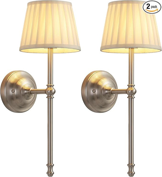 KDG Cordless Wall Sconces Set of 2, Small Wireless 5200mAh Rechargeable Battery Fabric LED Wall Lamps, Portables Lightings for Wall Painting, Living Room, Bedroom, Hallway, Gifts, Night Light (Nickel)