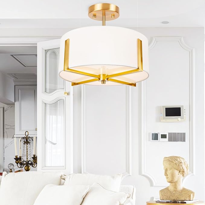 Edwarmlux 3-Light Semi Flush Mount Ceiling Light Fixture, 13.7" Gold Drum Light with White Fabric Shade, Modern Close to Ceiling Lamp for Living Room Bedroom Dining Room Kitchen Hallway Entry Foyer