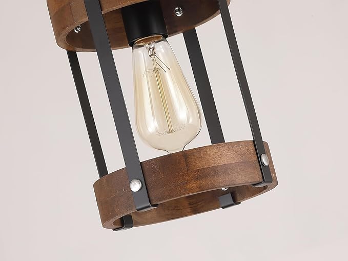 2 Pack Rustic Farmhouse Wood Pendant Light Fixture One-Light Adjustable Rods Oak Wood and Metal Drum Cage Small Pendant Lighting for Kitchen Island Sink Hallway Bathroom Bar Farmhouse, Black