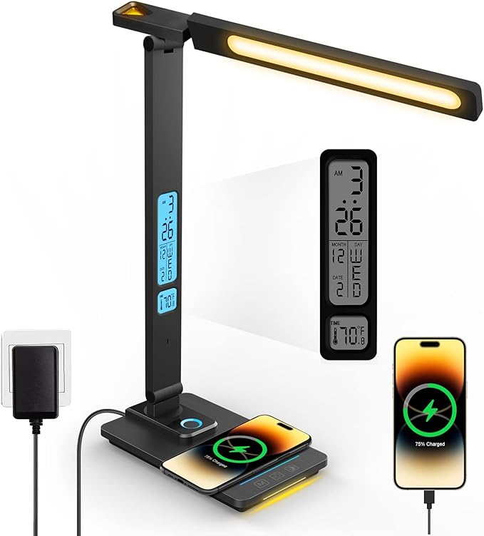 LAOPAO LED Desk Lamp with Wireless Charger: Desk Lamps for Home Office Bedroom, 5 Color Modes & Brightness Dimmable, 2 Night Light