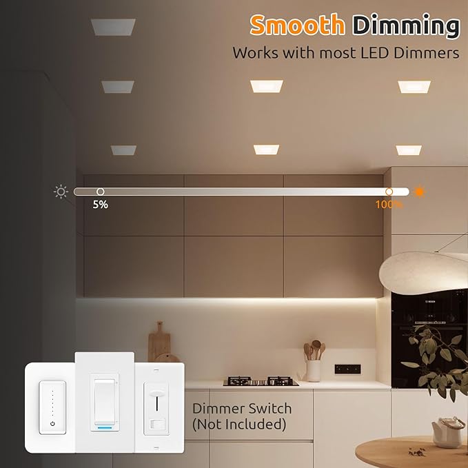 HONZIN Square LED Recessed Lighting 4 Inch, 5CCT Ultra Thin Led Recessed Ceiling Lights 6 Pack, Selectable 2700K/3000K/3500K/4000K/5000K, 9W, IC Rated, Dimmable Square White Trim with Junction Box
