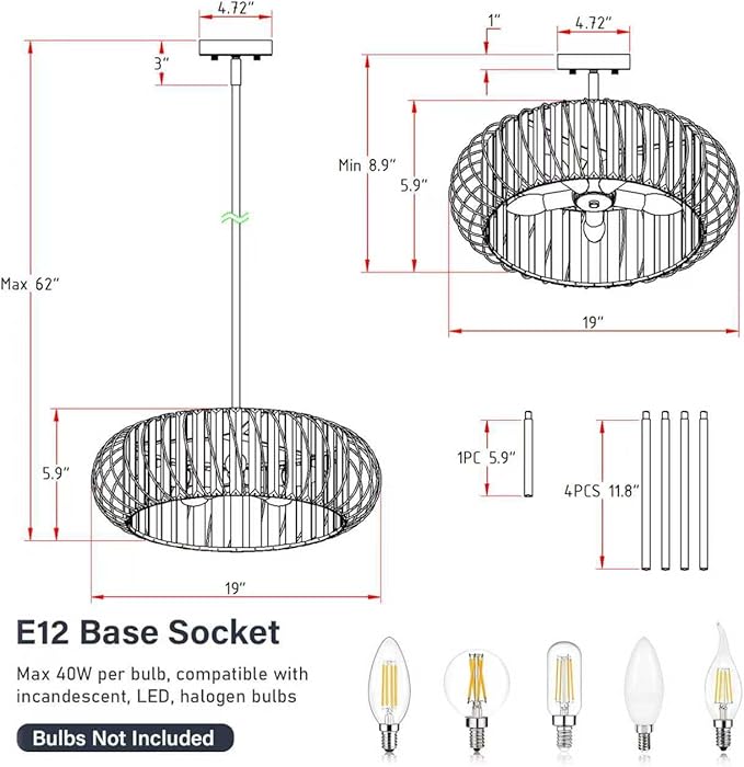 5-Light Semi Flush Mount Ceiling Light, 19 Inch Chrome Metal Cage Hallway Ceiling Lamps, Farmhouse Ceiling Light Fixture, Industrial Crystal Chandelier for Corridor Bathroom Kitchen (E12,19 Inch)