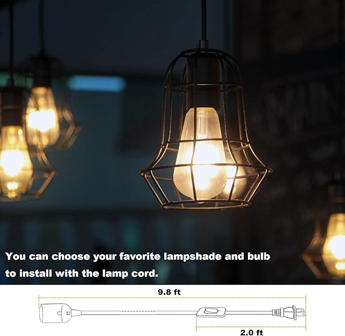 Plug in Hanging Light Kit, Retro Hanging Lights with Plug in Cord, E26 E27 Industrial Pendant Light Fixture, 9.8 FT Cord with On/Off Switch Hanging Lamp for Living Room Bedroom 2 Pack (Black)