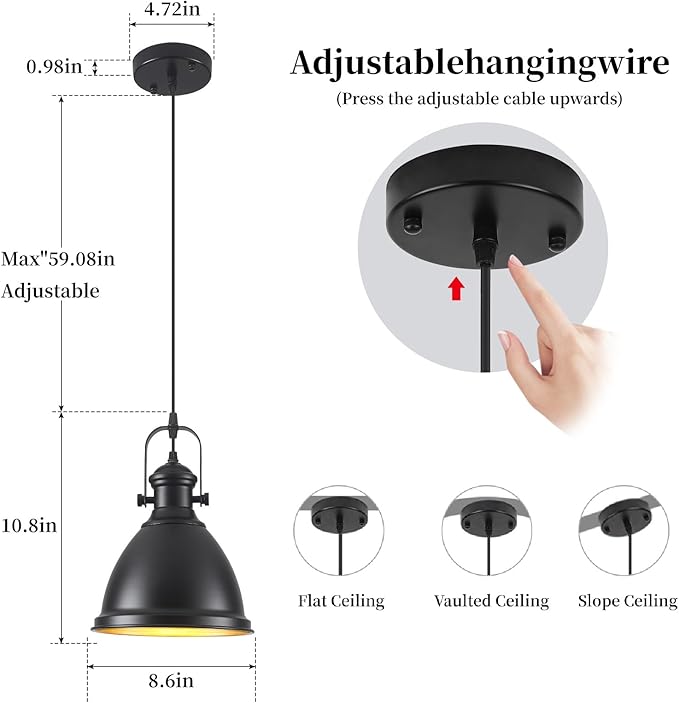 8.6" Black Pendant Lights for Kitchen Island 3 Pack, Modern Farmhouse Kitchen Pendant Lighting, Vintage Industrial Pendant Light Fixtures, Island Lights for Kitchen Sink Dining Room Hallway