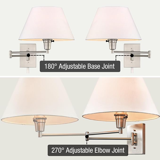 Kira Home Cambridge 15" Set of 2 Modern Swing Arm Wall Sconce with White Empire Fabric Shade, 2-in-1 Plug in or Hardwired Wall Lamp with 3-Way Switch, Satin Nickel Finish