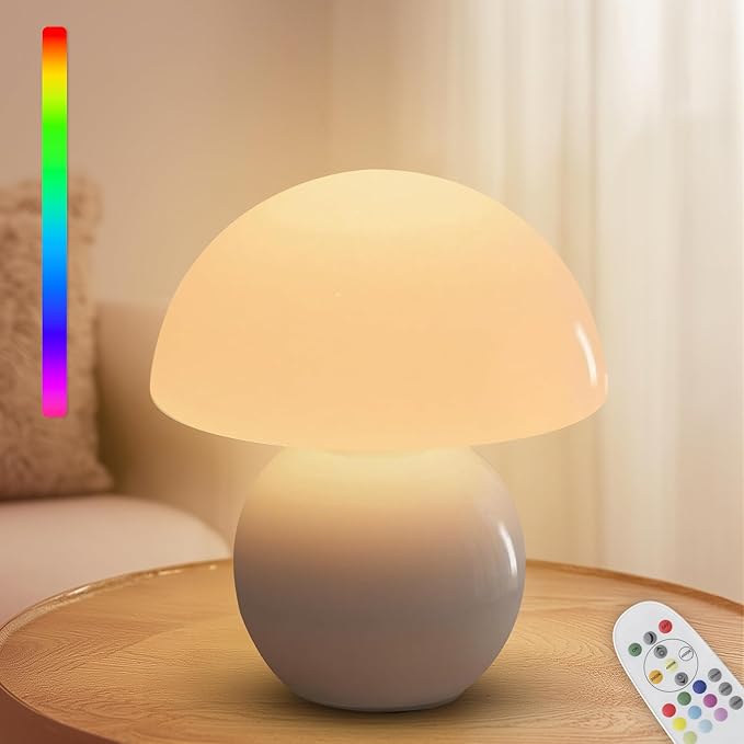 KARTOOSH Cordless Cute Mushroom Lamp with Remote Control, 9 RGB, Cordless Lamps for Tables, 3 Color Temperature, Stepless Dimmable, Timer, Memory, Unique Aesthetic Home Decor for Living Room (White)