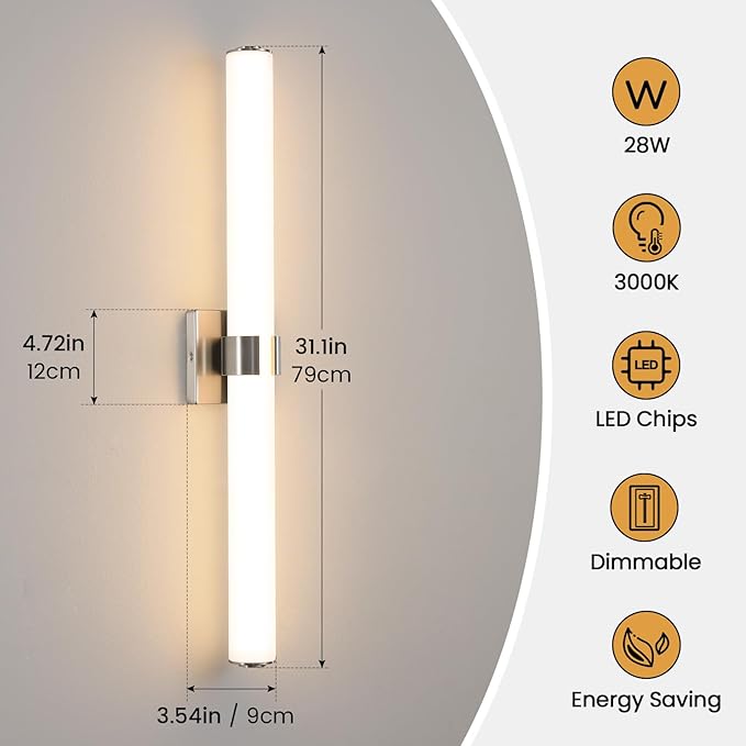 Bathroom Vanity Light Fixtures 31IN Brushed Nickel Bathroom Lights Over Mirror, 28W 3000K Dimmable LED Vanity Light Bar Modern Wall Sconce Light for Mirror, Kitchen, Living Room, Gallery, Hallway