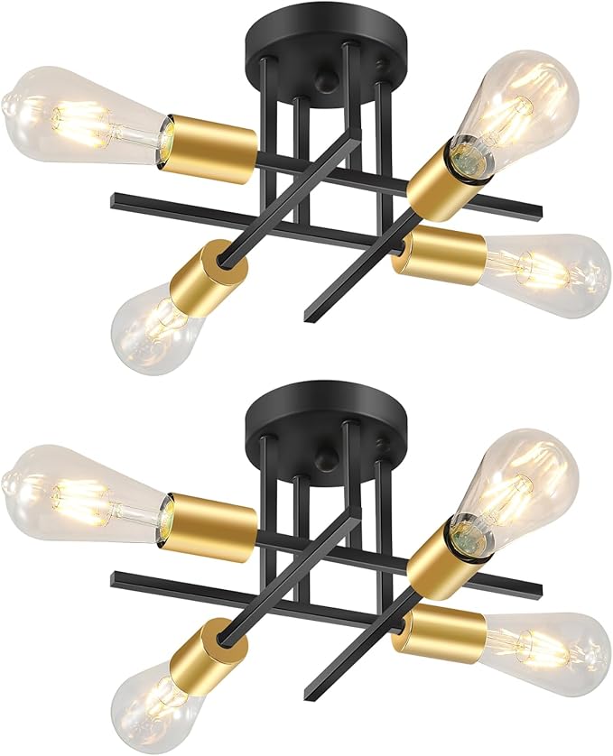 EGM Black & Gold Sputnik Ceiling Light Fixture, 4-Light Modern Flush Mount Ceiling Light with E26 Bulb Base, Close to Ceiling Lights for Dining Room Hallway Living Room Kitchen (2 Pack)