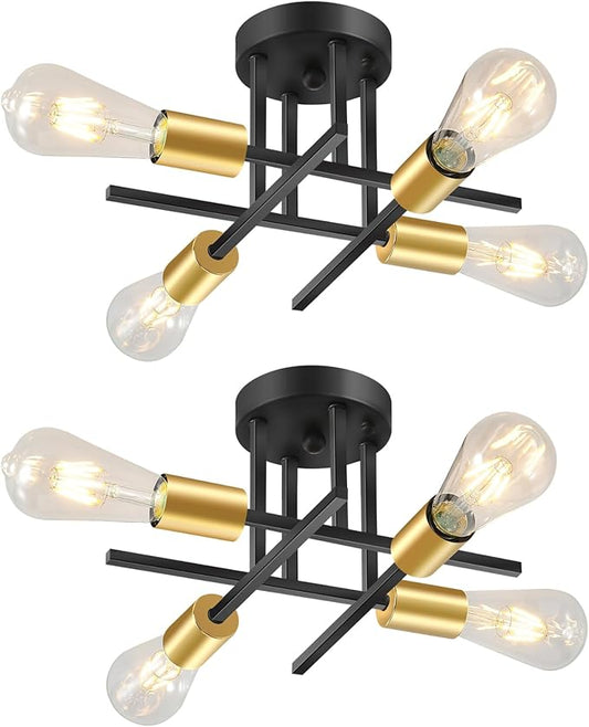 EGM Black & Gold Sputnik Ceiling Light Fixture, 4-Light Modern Flush Mount Ceiling Light with E26 Bulb Base, Close to Ceiling Lights for Dining Room Hallway Living Room Kitchen (2 Pack)