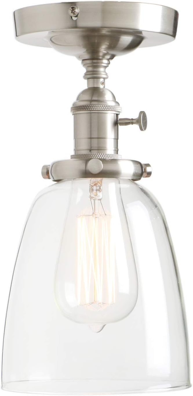 PERMO Modern Small Semi Flush Mount Ceiling Pendant Light Glass Ceiling Lights Hallway Fixtures with Flate Ribbed Glass Lampshade, 1-Light (Brushed, 292)