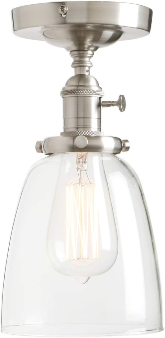 PERMO Modern Small Semi Flush Mount Ceiling Pendant Light Glass Ceiling Lights Hallway Fixtures with Flate Ribbed Glass Lampshade, 1-Light (Brushed, 292)