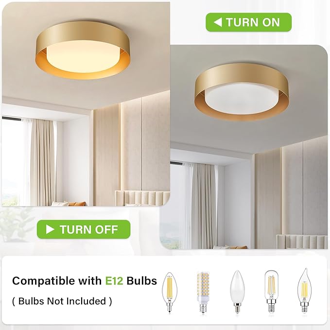 Modern Glass Gold Flush Mount Ceiling Lights, 16.5" Minimalist Round Ceiling Lighting, Drum Close to Ceiling Light Fixtures for Living Room, Bedroom, Dining Room, Kitchen, Hallways