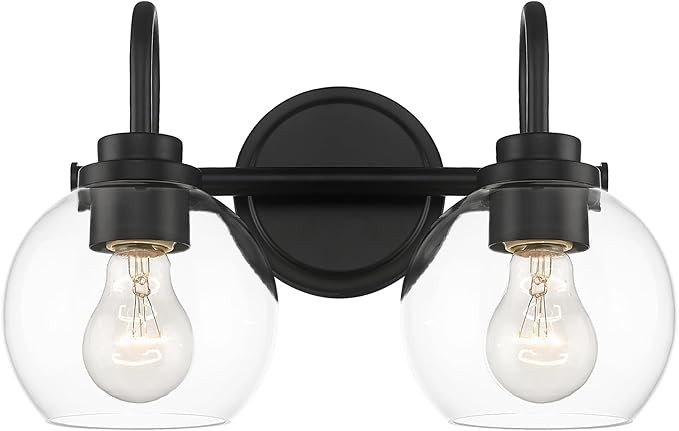 2-Light Bathroom Vanity Light Over Mirror, Matte Black Vanity Light with Clear Glass Shade, Bathroom Light Fixtures Wall Mount for Powder Room Bath, AD-22280-2W-BK