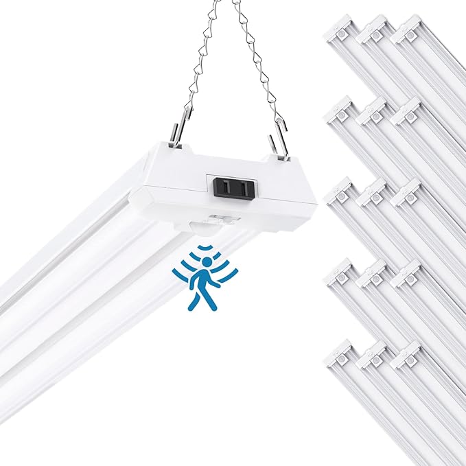 Sunco 15 Pack Motion Sensor 4ft LED Shop Light, Garage Lights Ceiling LED Plug-in Fixtures, 40W, 5000K Daylight, 4300 Lumens, Frosted, Motion Activated, Linkable Suspension Mount, ETL