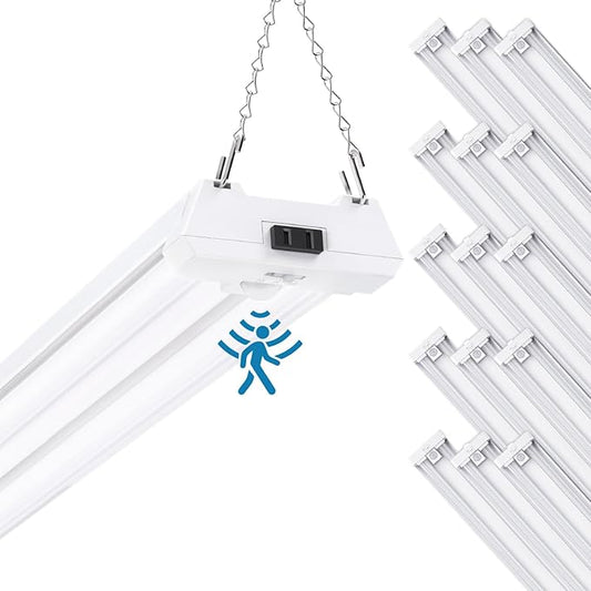 Sunco 15 Pack Motion Sensor 4ft LED Shop Light, Garage Lights Ceiling LED Plug-in Fixtures, 40W, 5000K Daylight, 4300 Lumens, Frosted, Motion Activated, Linkable Suspension Mount, ETL