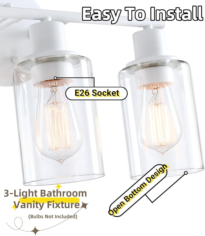 WISBEAM 3-Light Bathroom Vanity Wall Light, White Bathroom Light Fixtures Over Mirror with Clear Glass Shade Including E26 Medium Base, Bulb NOT Included