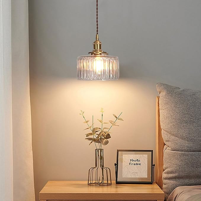 Glass Hanging Lights One-Light Vintage Pendant Light Fixtures Clear Striped Glass Shade Mid Century Modern Pendant Light Gold Brass Light Fixture Adjustable Cord for Dining Room Hallway