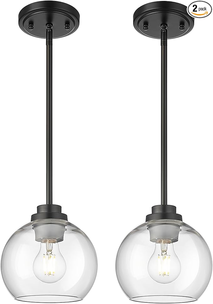 Pendant Lights Kitchen Island 2 Pack, 7" Modern Black Hanging Lights Fixtures with Clear Glass Globe Shade, Kitchen Island Lighting for Bathroom, AD-22280-1P2-BK-C