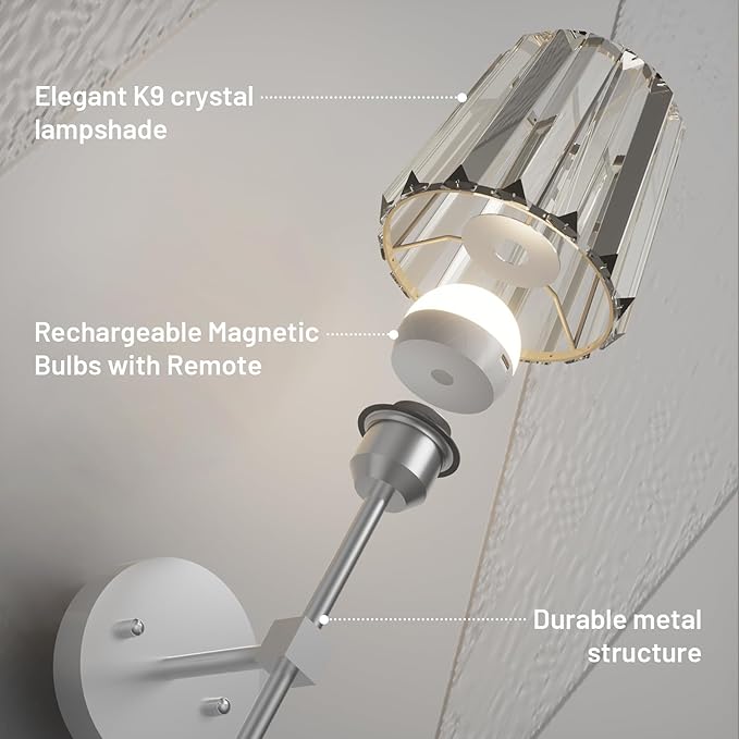 Crystal Battery Operated Wall Sconces Set of 2, Chrome Rechargeable Wireless Wall Lights with Crystal Lampshade, 12 RGB and 3CCT Dimmable Wall Lamps with Remote for Bedroom Living Room Hallway