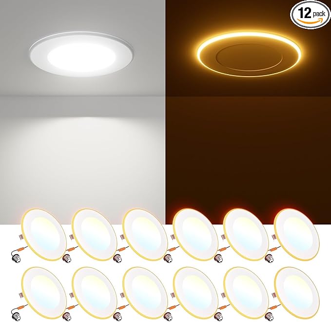 FREELICHT 12 Pack 4 Inch 5CCT LED Recessed Can Light with Night Light, 2700K/3000K/4000K/5000K/6000K Selectable Flat Recessed Lighting, 7W=60W, 700LM, Dimmable Retrofit - ETL & FCC